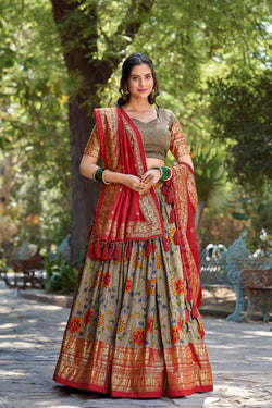 Captivating Kalamkari Print Gray Color Wedding Lehenga Choli