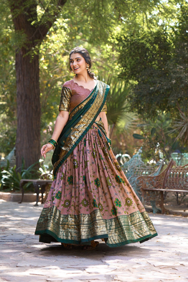 Captivating Kalamkari Print Onion Color Wedding Lehenga Choli