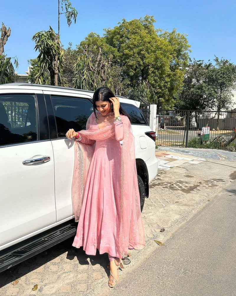 Delightful Light Pink Anarkali Gown With Net Dupatta