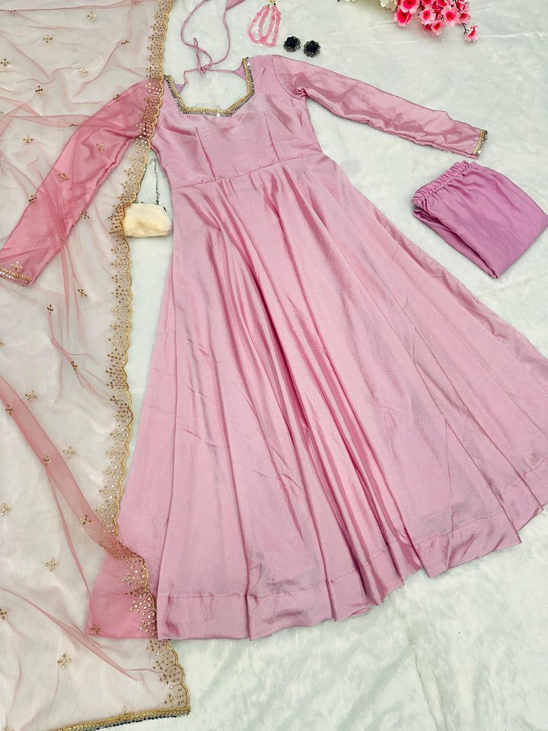 Delightful Light Pink Anarkali Gown With Net Dupatta