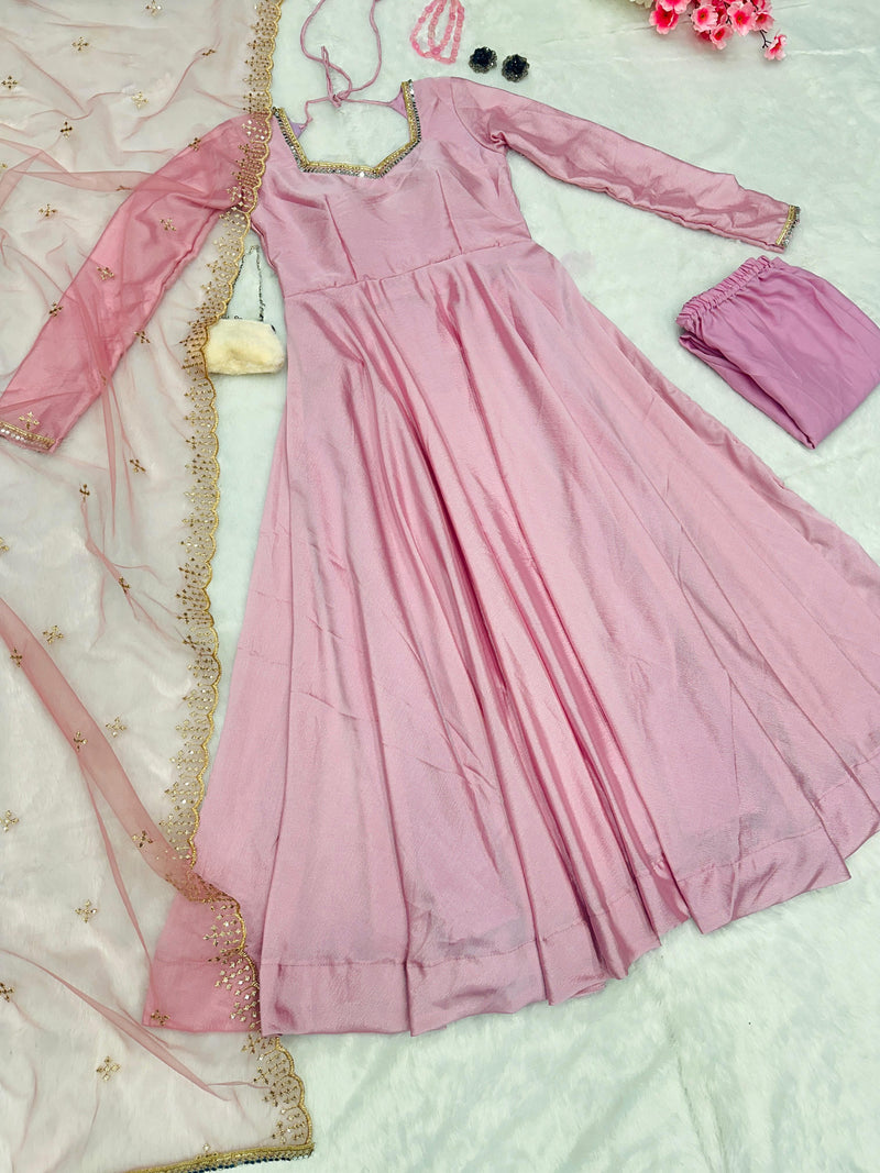 Delightful Light Pink Anarkali Gown With Net Dupatta