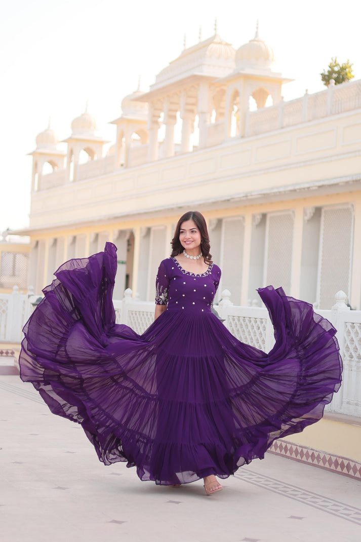 Ravishing Embroidery Zari Sequence Work Purple Gown