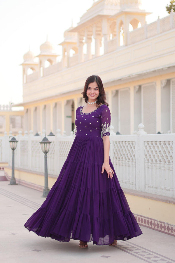 Ravishing Embroidery Zari Sequence Work Purple Gown