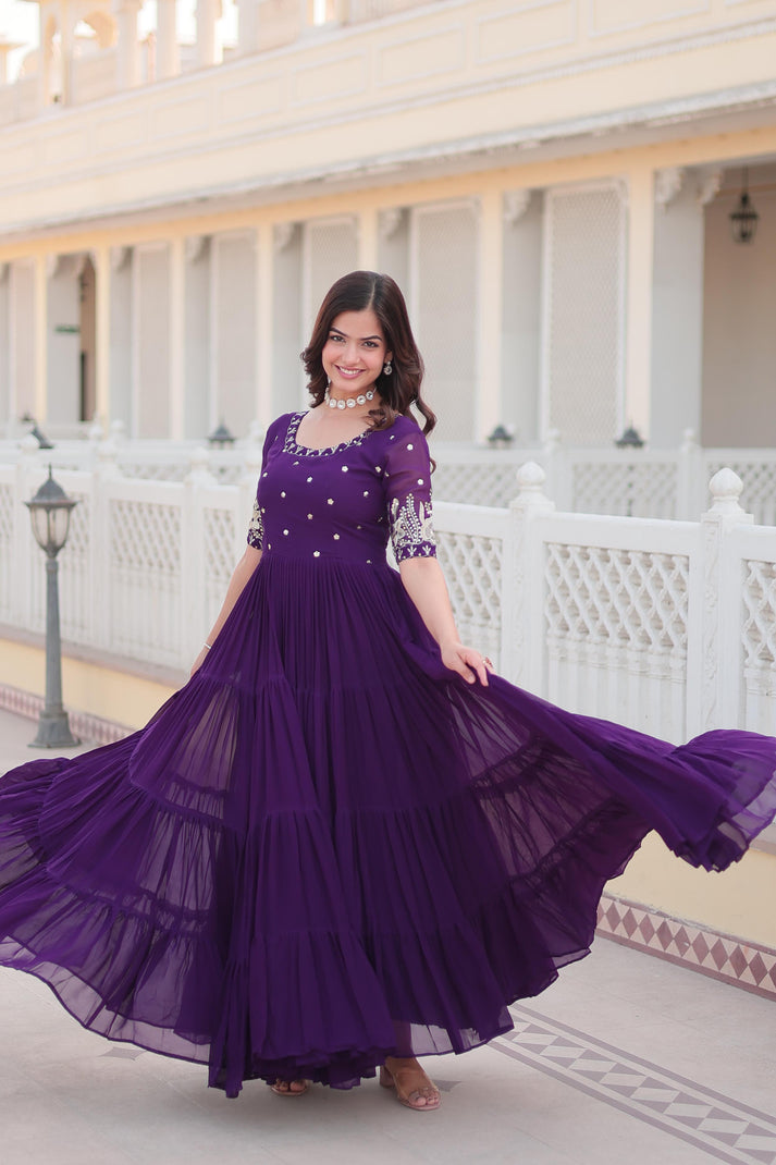 Ravishing Embroidery Zari Sequence Work Purple Gown