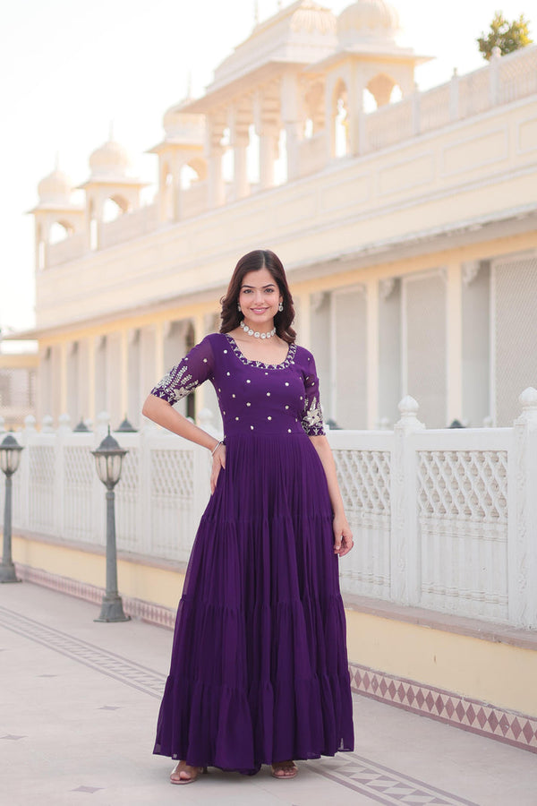 Ravishing Embroidery Zari Sequence Work Purple Gown