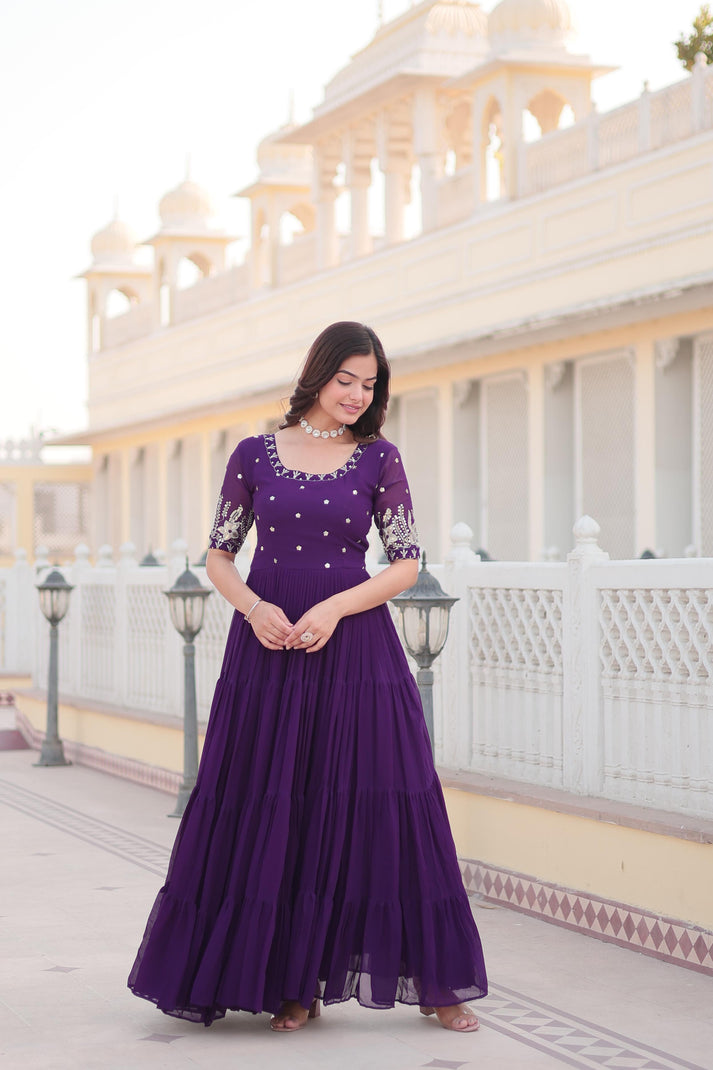 Ravishing Embroidery Zari Sequence Work Purple Gown