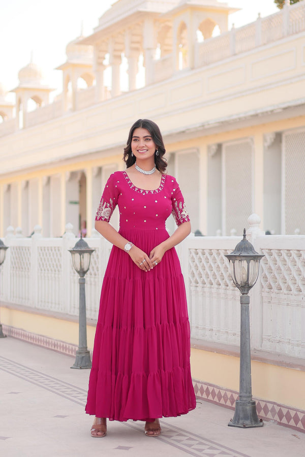 Ravishing Embroidery Zari Sequence Work Pink Gown