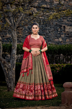 Luxuriant Mehndi And Red Color Foil Print Lehenga Choli