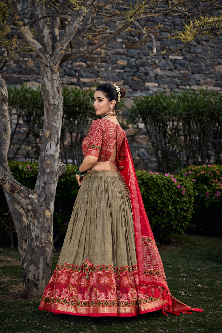 Luxuriant Mehndi And Red Color Foil Print Lehenga Choli