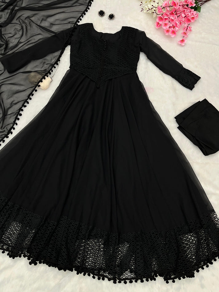 Fancy Net And Pompom Border Black Anarkali Gown