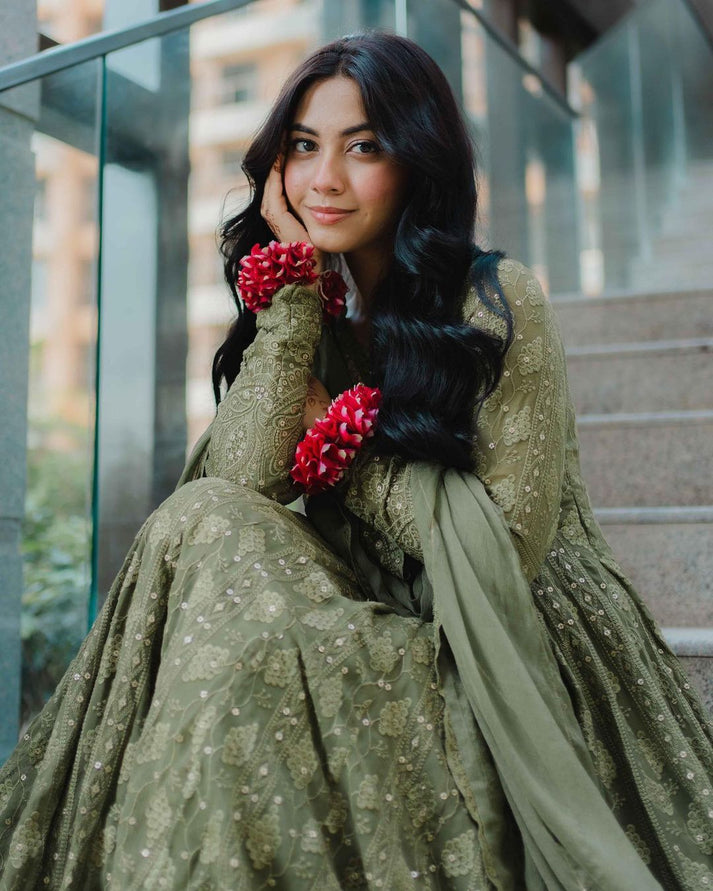 Mehndi Green Color Thread Sequence Work Gown subhvastra Mehndi Green Color Thread Sequence Work Gown subhvastra