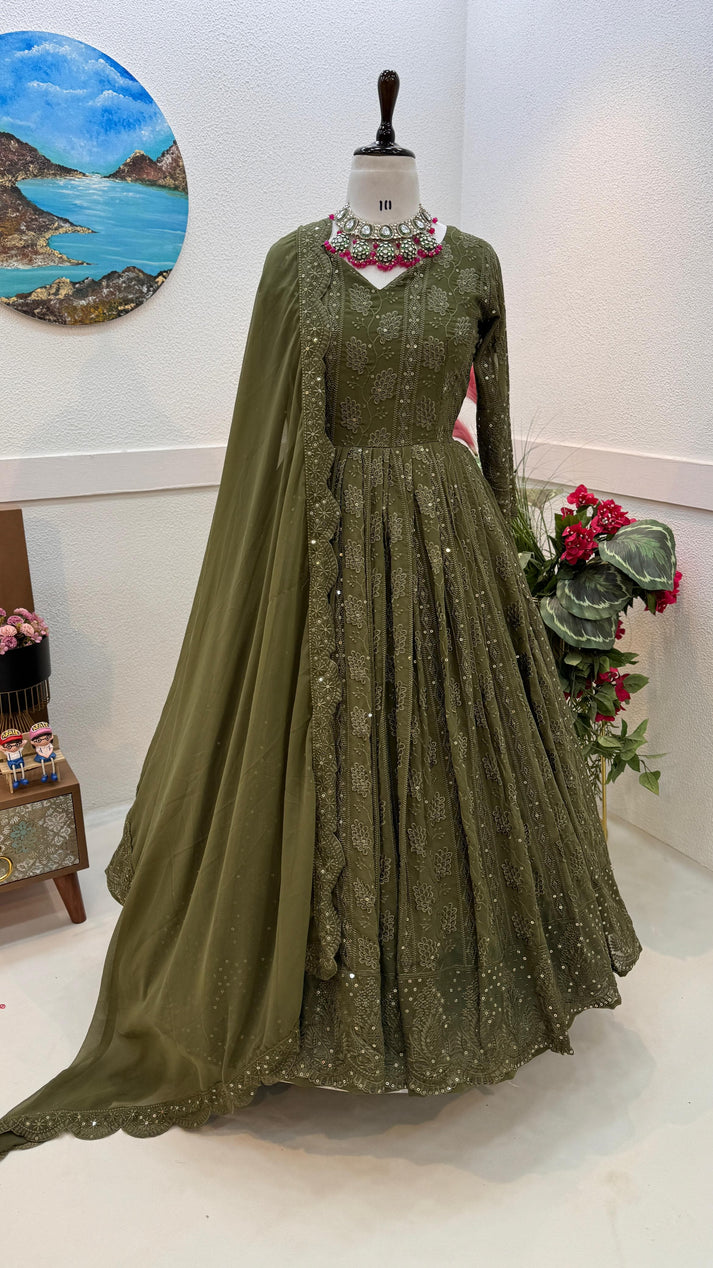 Mehndi Green Color Thread Sequence Work Gown