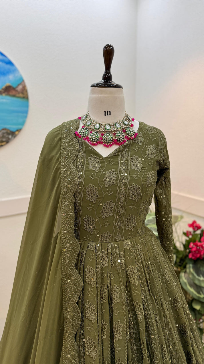 Mehndi Green Color Thread Sequence Work Gown subhvastra Mehndi Green Color Thread Sequence Work Gown subhvastra