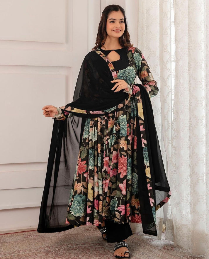 Multi Flower Print Black Color Gown With Dupatta