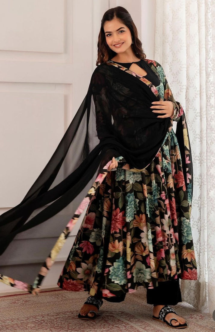 Multi Flower Print Black Color Gown With Dupatta