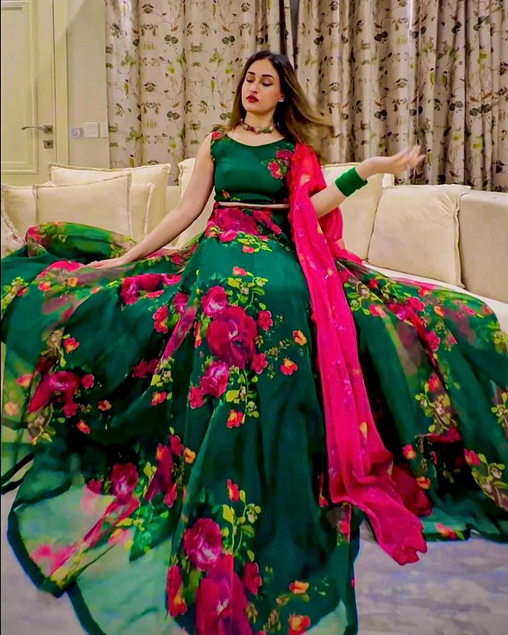 Multi Floral Print Green Color Organza Silk Lehenga Choli