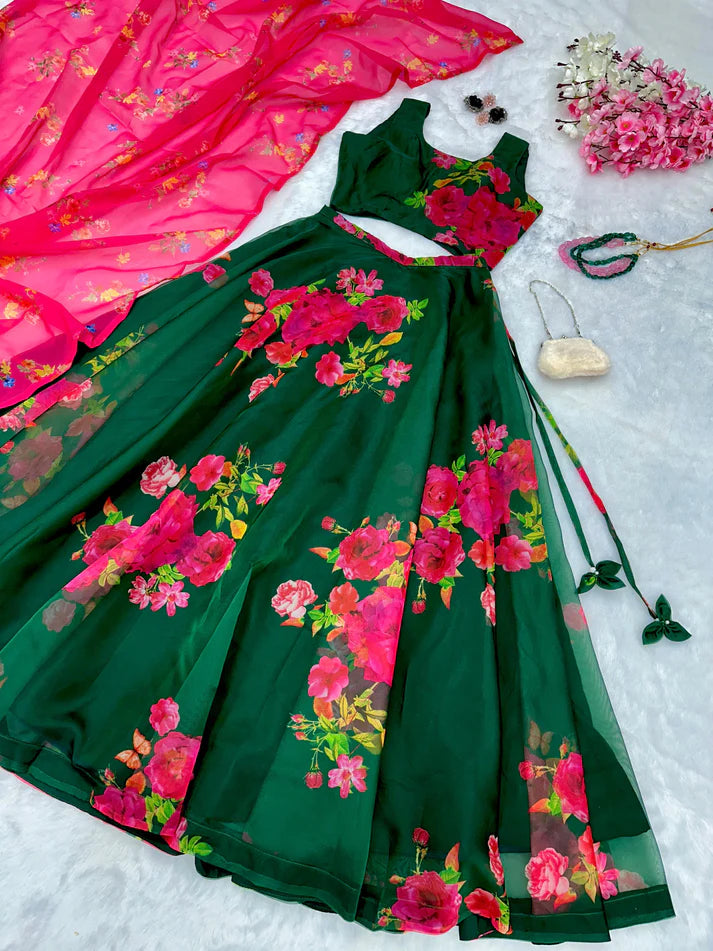 Multi Floral Print Green Color Organza Silk Lehenga Choli