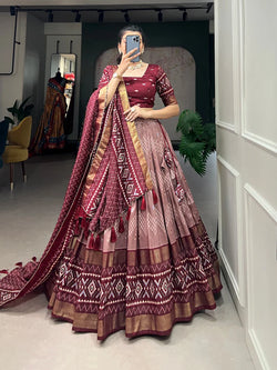 Luxuriant Maroon Color Print With Foil Work Lehenga Choli