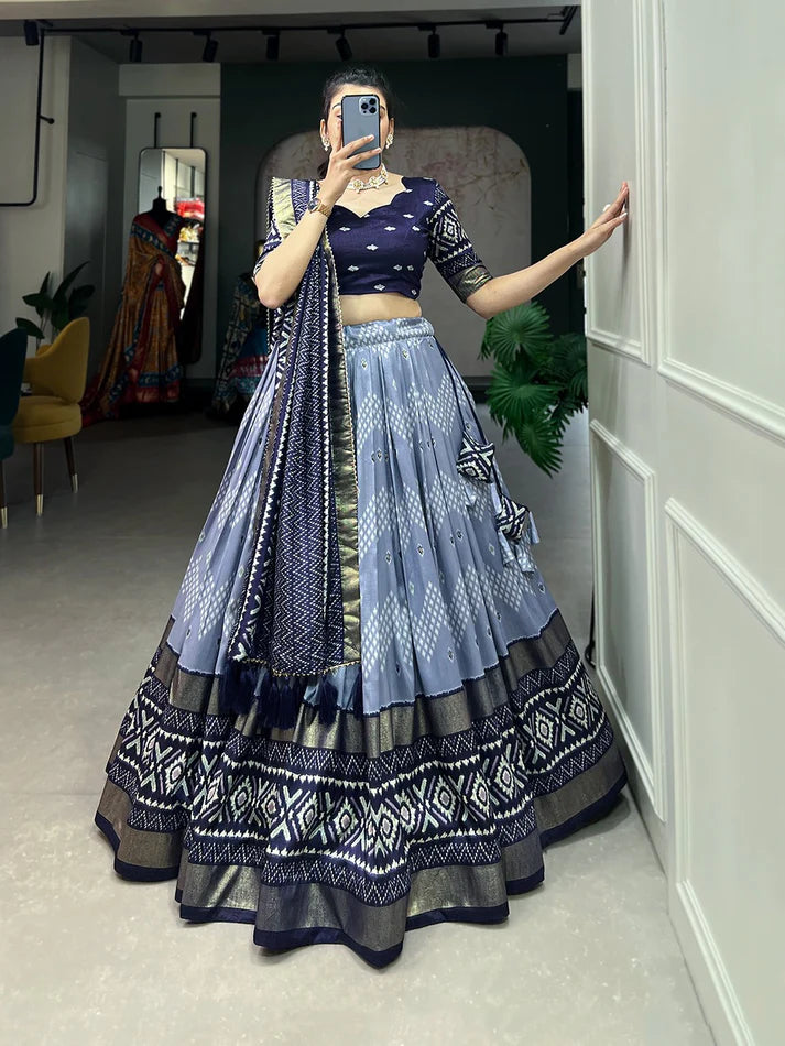 Luxuriant Navy Blue Color Print With Foil Work Lehenga Choli