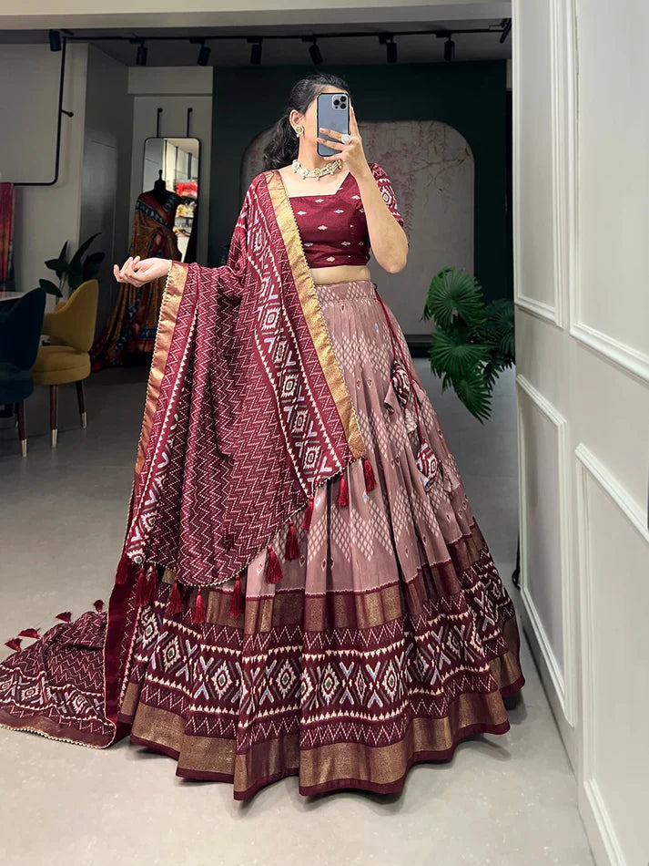 Luxuriant Maroon Color Print With Foil Work Lehenga Choli