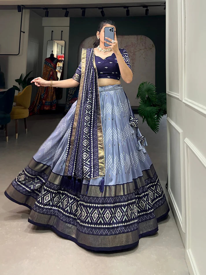 Luxuriant Navy Blue Color Print With Foil Work Lehenga Choli