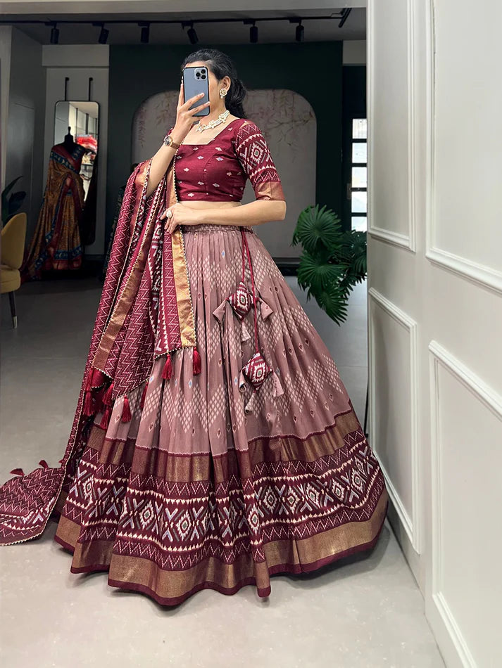 Luxuriant Maroon Color Print With Foil Work Lehenga Choli