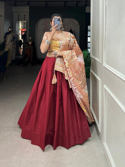 Multi Print Blouse And Dupatta With Maroon Lehenga