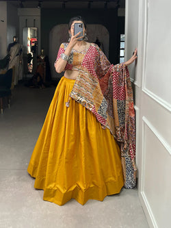 Multi Print Blouse And Dupatta With Yellow Lehenga