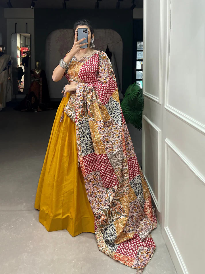 Multi Print Blouse And Dupatta With Yellow Lehenga