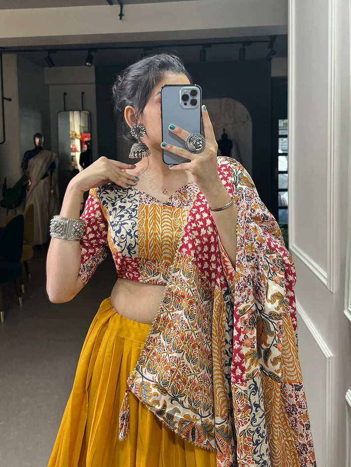 Multi Print Blouse And Dupatta With Yellow Lehenga