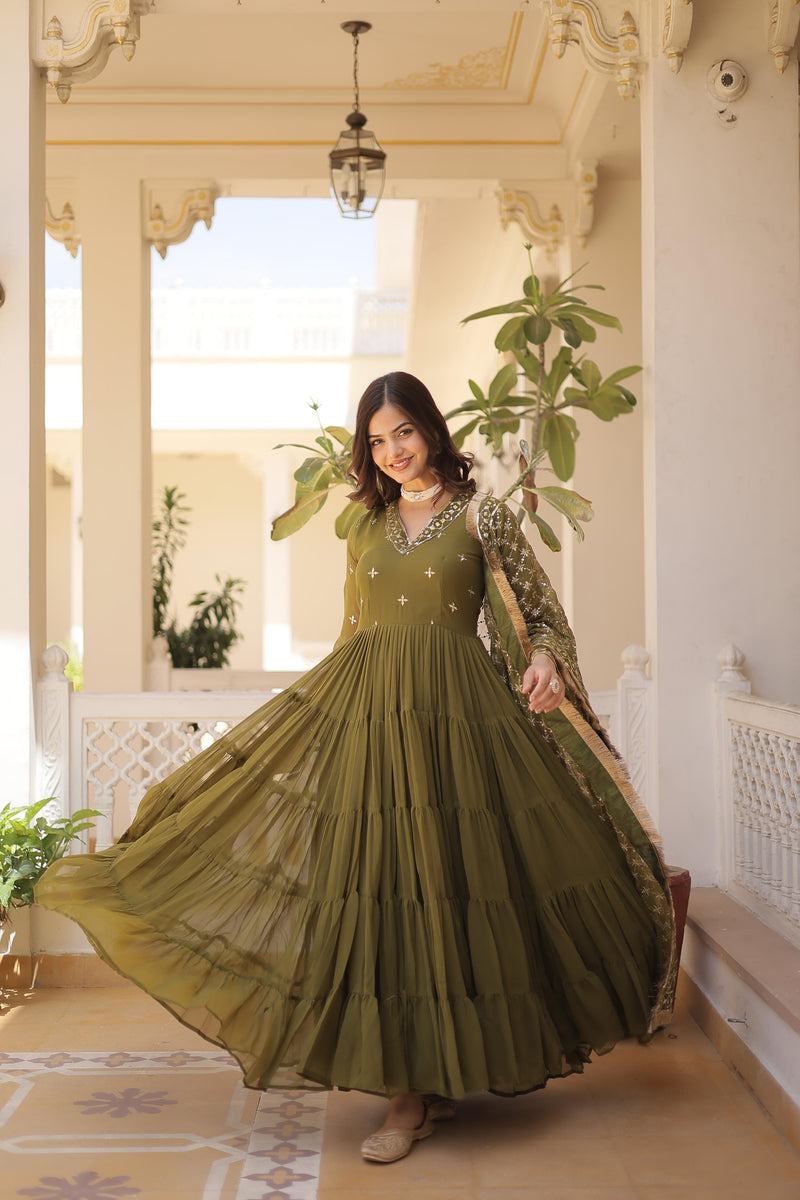 Festive Wear Attractive Sequins Mehndi Color Five Layer Anarkali Gown With Dupatta