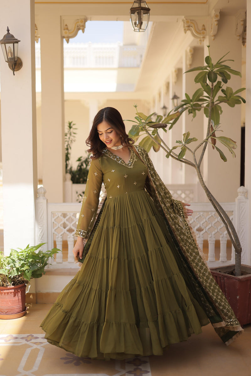 Festive Wear Attractive Sequins Mehndi Color Five Layer Anarkali Gown With Dupatta