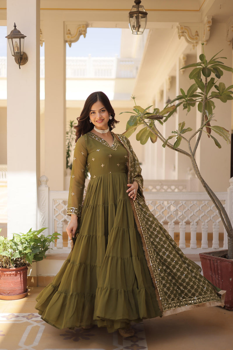 Festive Wear Attractive Sequins Mehndi Color Five Layer Anarkali Gown With Dupatta