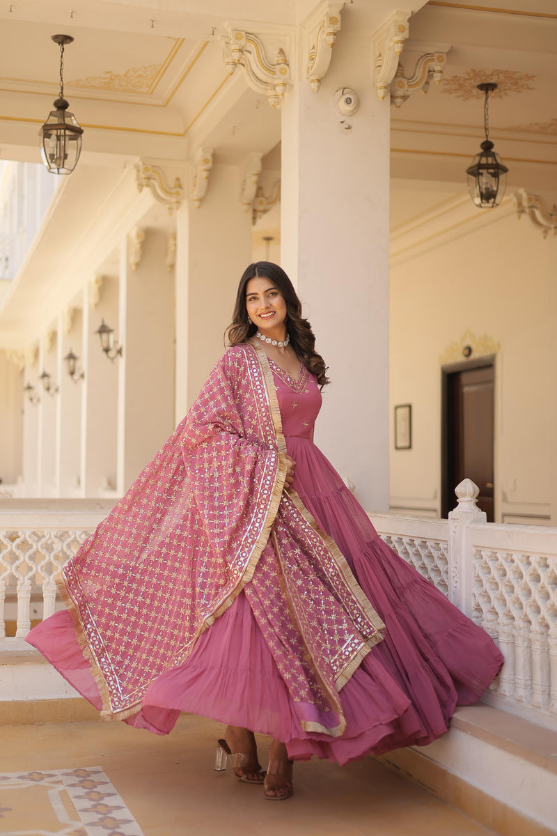 Festive Wear Attractive Sequins Onion Color Five Layer Anarkali Gown With Dupatta