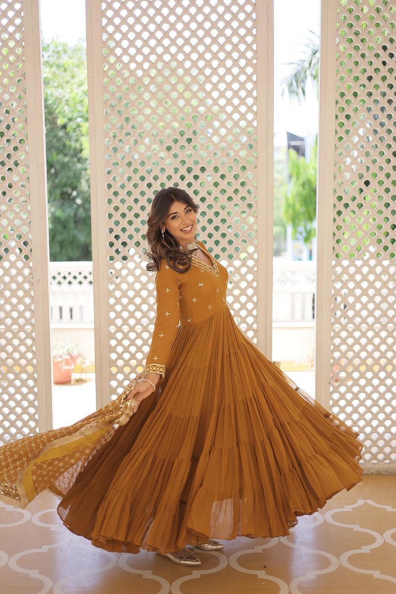 Festive Wear Attractive Sequins Mustard Color Five Layer Anarkali Gown With Dupatta