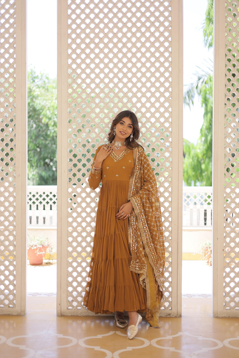 Festive Wear Attractive Sequins Mustard Color Five Layer Anarkali Gown With Dupatta