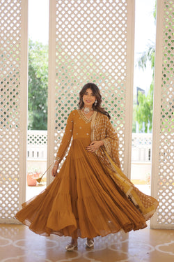 Festive Wear Attractive Sequins Mustard Color Five Layer Anarkali Gown With Dupatta