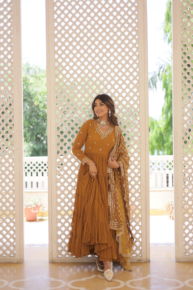 Festive Wear Attractive Sequins Mustard Color Five Layer Anarkali Gown With Dupatta