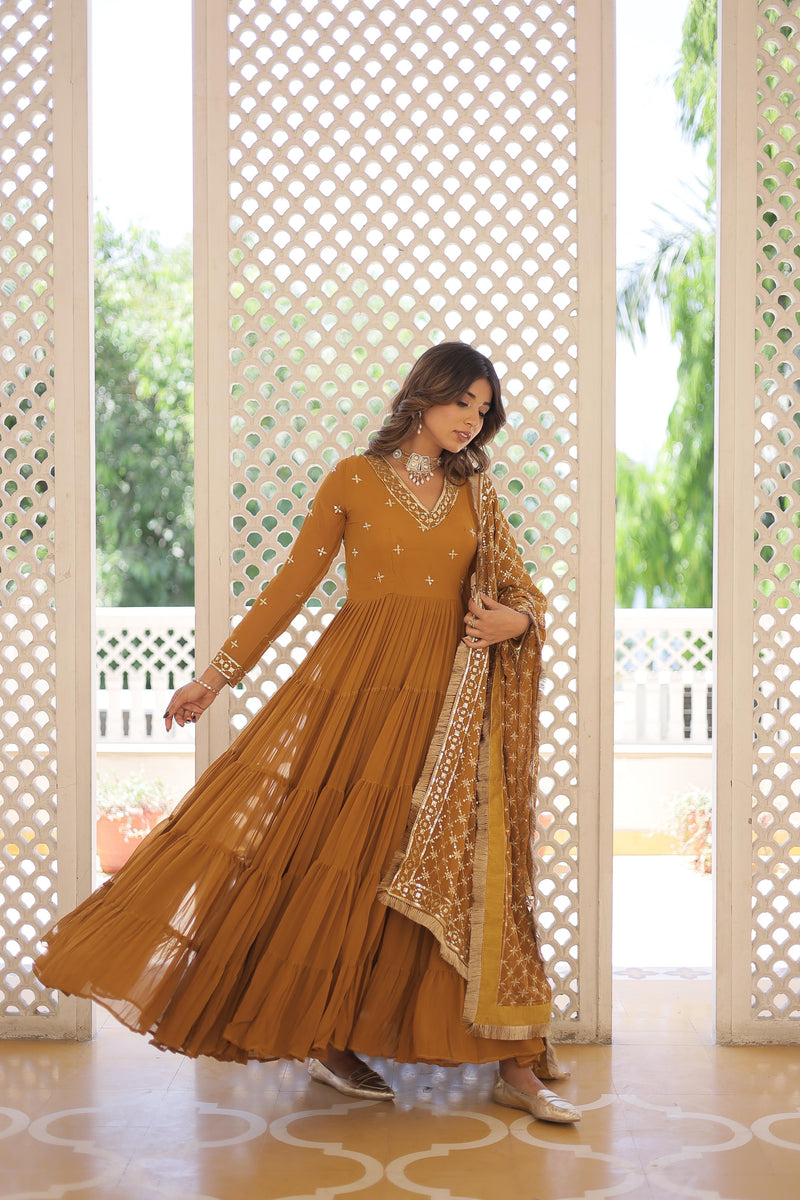 Festive Wear Attractive Sequins Mustard Color Five Layer Anarkali Gown With Dupatta