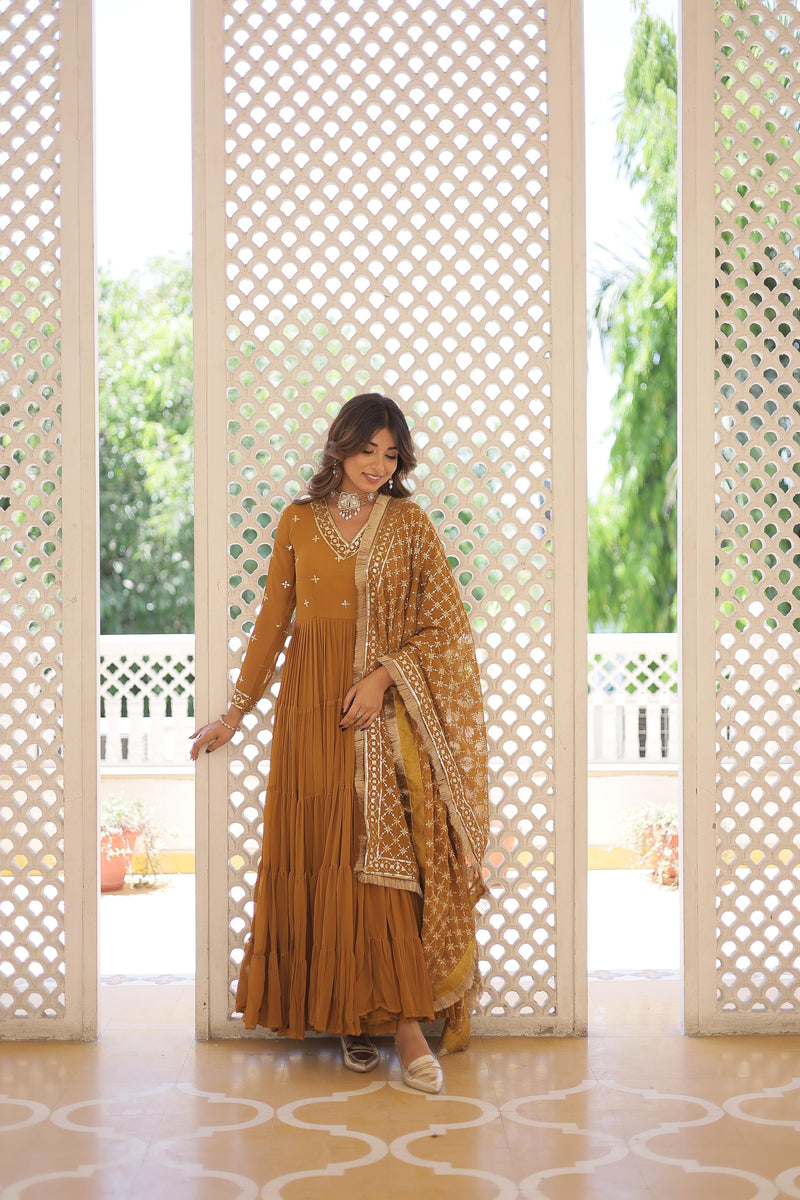 Festive Wear Attractive Sequins Mustard Color Five Layer Anarkali Gown With Dupatta