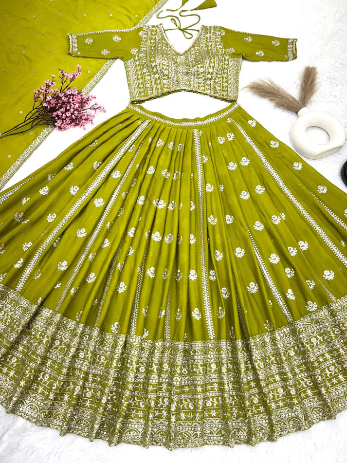 Precious Embroidery Sequence Work Green Lehenga Choli Subhvastra 3679