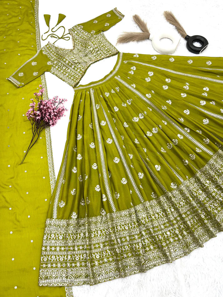 Precious Embroidery Sequence Work Green Lehenga Choli – subhvastra