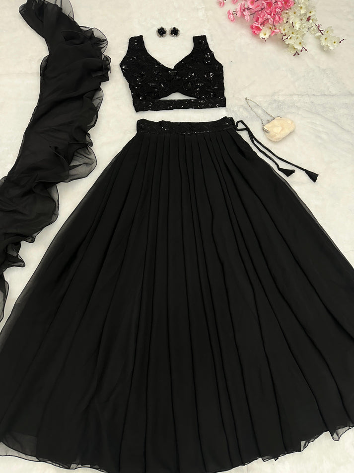 Party Wear Black Lehenga With Sequence Work Blouse