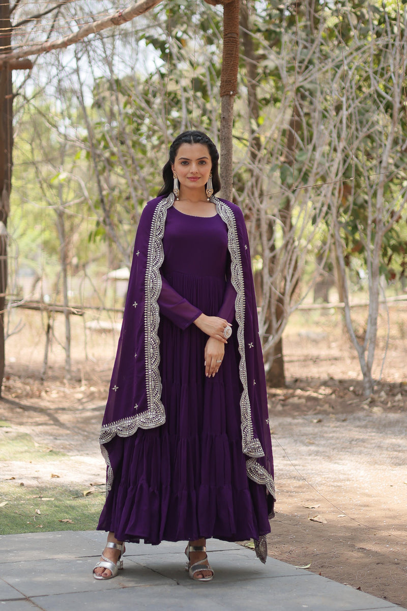 Wonderful Embroidery Work Purple Color Anarkali Gown