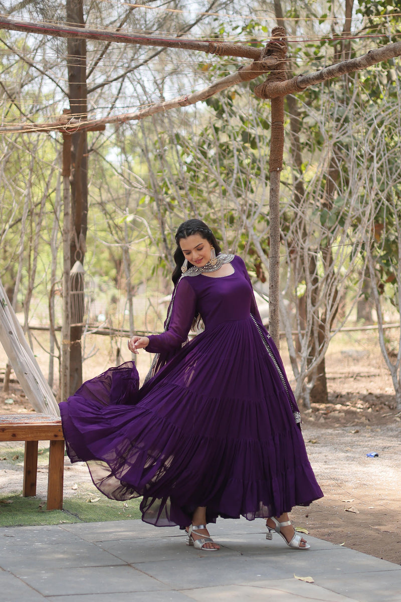 Wonderful Embroidery Work Purple Color Anarkali Gown