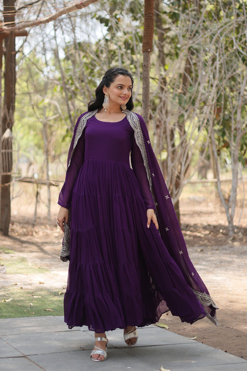 Wonderful Embroidery Work Purple Color Anarkali Gown