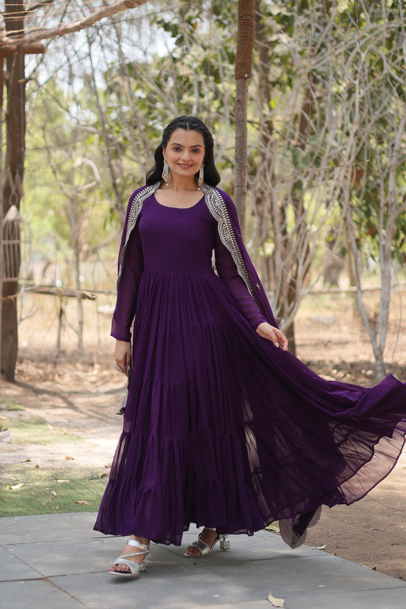 Wonderful Embroidery Work Purple Color Anarkali Gown