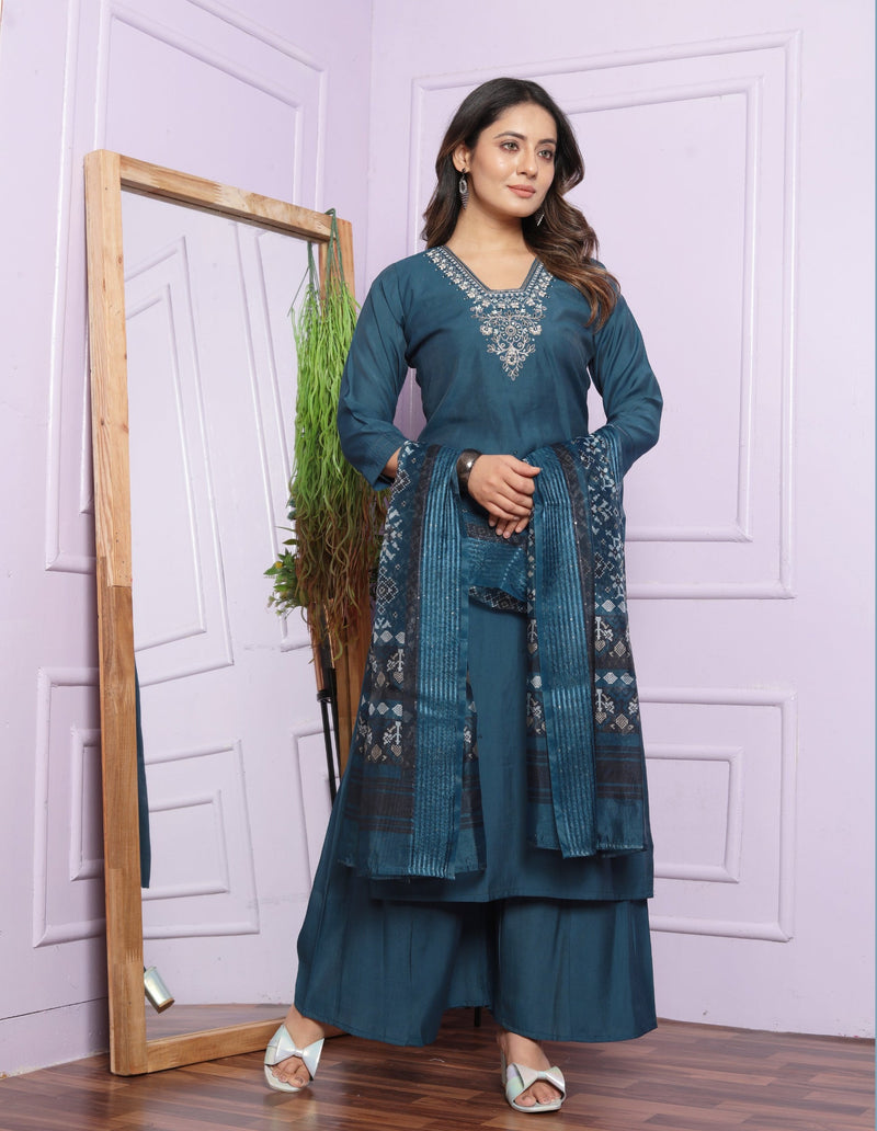 Blue Color Hand Work Art Silk Palazzo Style Salwar Suit