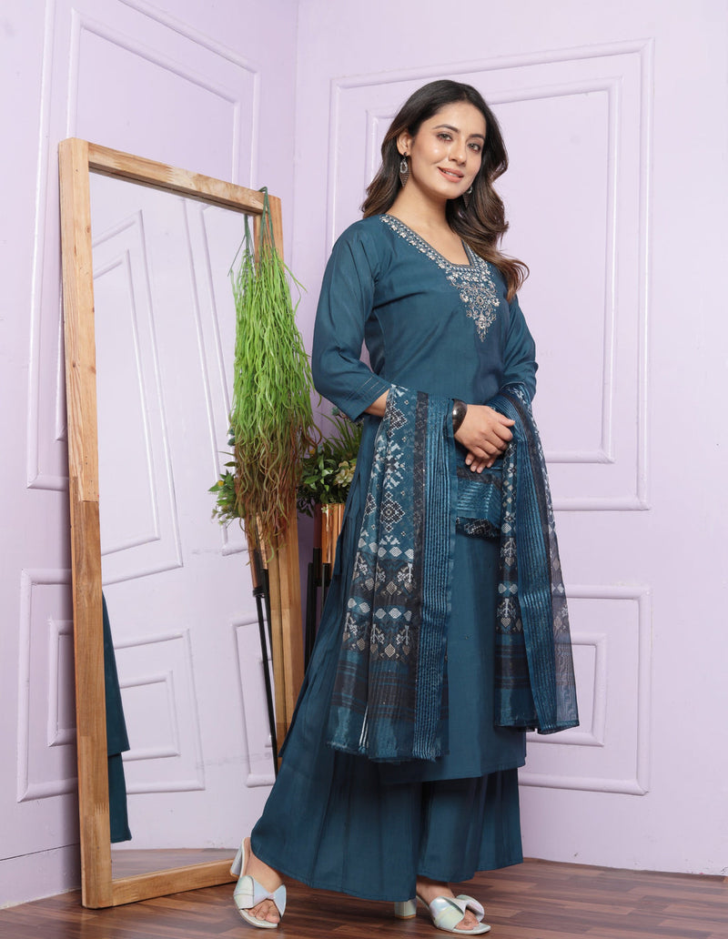 Blue Color Hand Work Art Silk Palazzo Style Salwar Suit