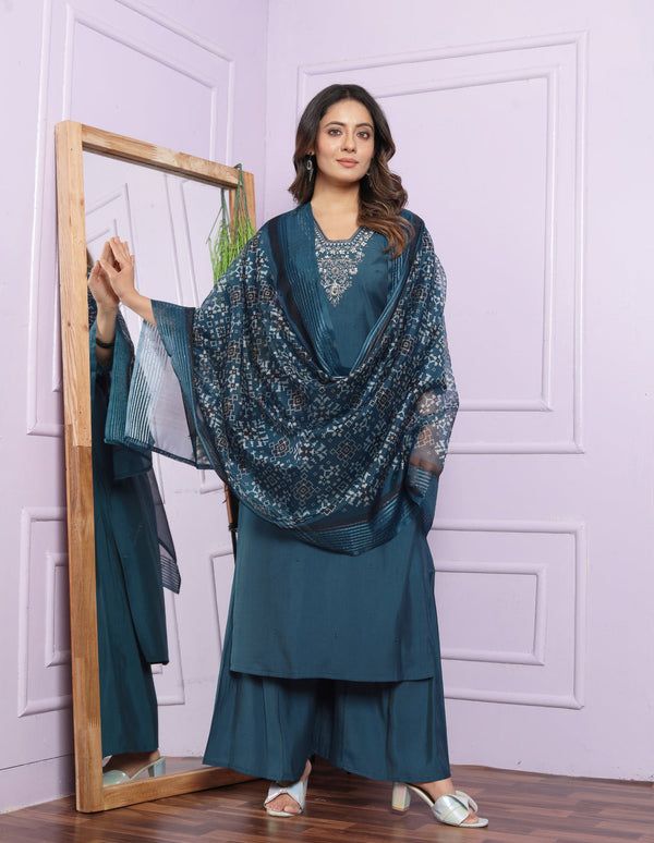 Blue Color Hand Work Art Silk Palazzo Style Salwar Suit